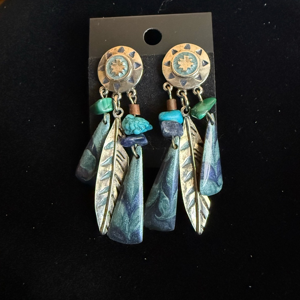 Bohemian Feather Dangle Earrings signed Berebi